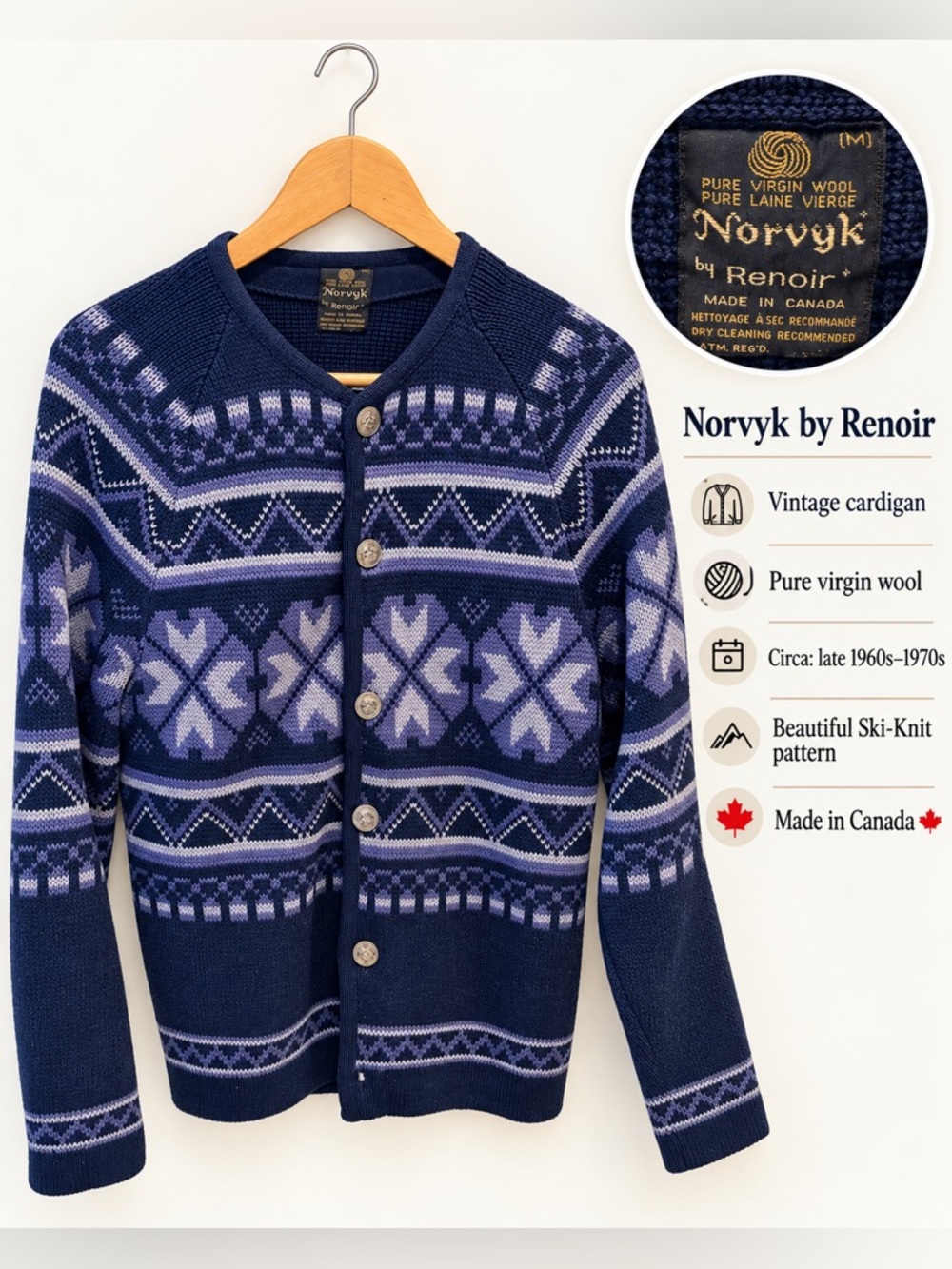 Vintage Norvyk by Renoir Pure Virgin Wool Ski-Knit Cardigan Made in Canada